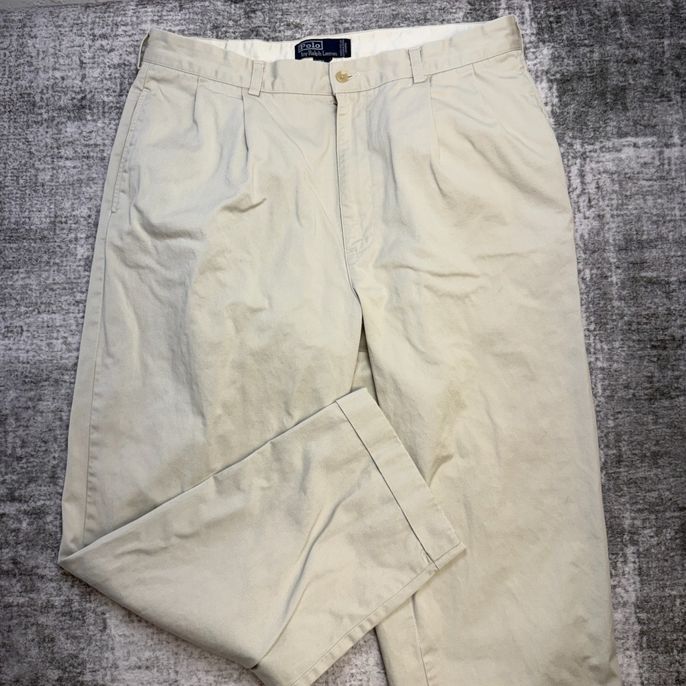 VTG Polo Ralph Lauren Hammond Pants Mens 34x29 Beige Double Pleat Trousers Twill